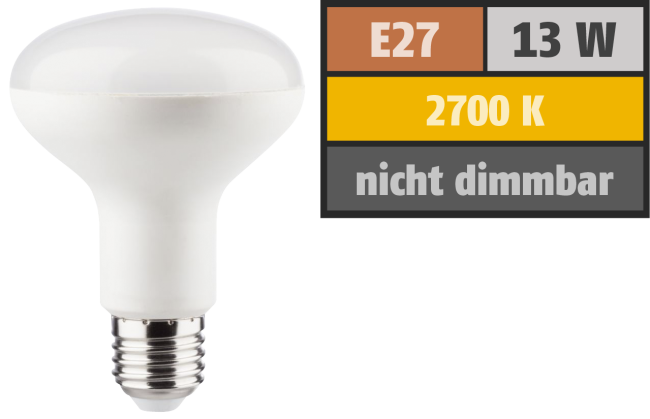 LED Reflektor R80, E27, 13W, 1000lm, 2700K, warmweiß
