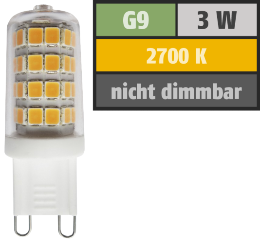 LED Stiftsockellampe, G9, 3W, 300lm, 2700K, warmweiß
