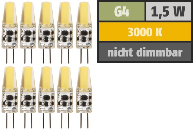 LED-Stiftsockellampe McShine Silicia COB, G4, 1,5W, 200lm, warmweiß, 10er-Pack
