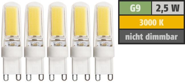 LED-Stiftsockellampe McShine Silicia COB, G9, 2,5W, 260lm, warmweiß, 5er-Pack

