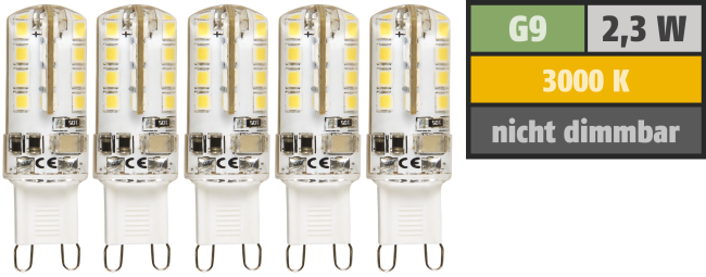 LED-Stiftsockellampe McShine Silicia, G9, 2,3W, 180 lm, warmweiß, 5er-Pack
