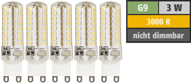 LED-Stiftsockellampe McShine Silicia, G9, 3W, 320 lm, warmweiß, 5er-Pack
