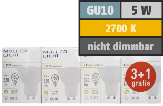 LED-Strahler, GU10, 5W, 320lm, 2700K, warmweiß, 3+1 Set
