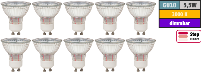 LED-Strahler McShine LS-450 GU10, 5,5W, 470lm, 3000K, step dimmbar, 10er-Pack
