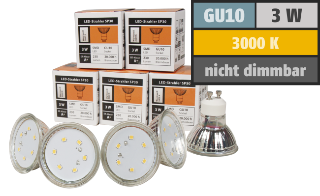 LED-Strahler McShine SP30-10, GU10, 3W, 230 lm, warmweiß, 10er-Pack
