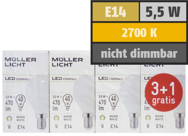 LED Tropfenlampe, E14, 5,5W, 470lm, 2700K, warmweiß, 3+1 Set
