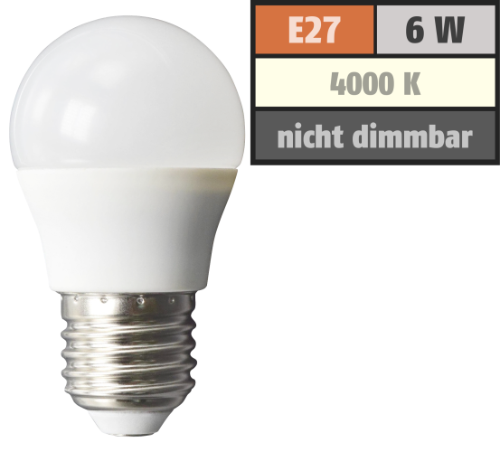 LED Tropfenlampe McShine, E27, 6W, 480lm, 160°, 4000K, neutralweiß, Ø45x78mm
