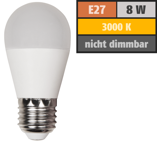 LED Tropfenlampe McShine, E27, 8W, 600lm, 160°, 3000K, warmweiß, Ø45x88mm
