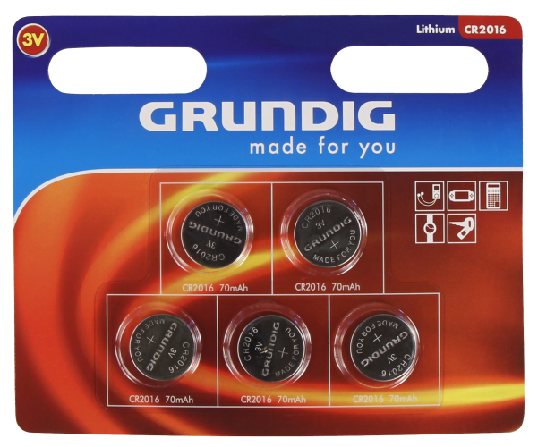 Knopfzelle GRUNDIG CR2016, 3,0V, Lithium, 5er-Blister
