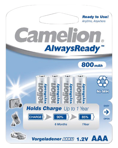 Micro-Akku CAMELION AlwaysReady, NiMH, 800 mAh, Typ AAA, 4er-Blister
