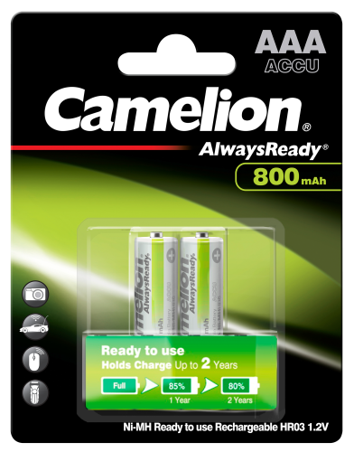 Micro-Akku CAMELION AlwaysReady, NiMH, 800 mAh, Typ AAA, 2er-Blister
