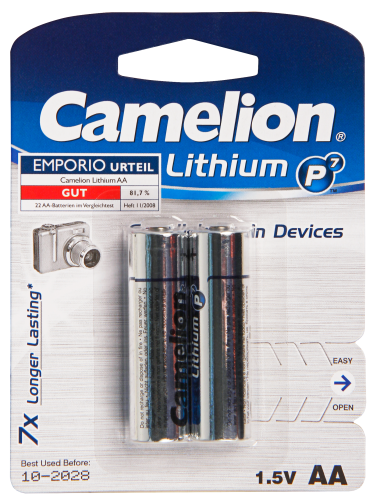 Mignon-Batterie CAMELION Lithium 1,5V, Typ AA/FR6, 2er-Blister
