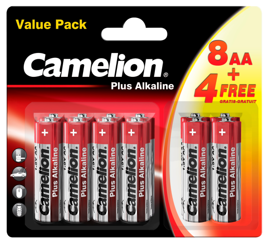 Mignon-Batterie CAMELION Plus Alkaline 1,5 V, LR6 Typ AA, 8+4 er-Blister
