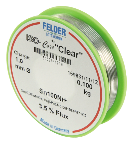 Lötzinn auf Rolle FELDER, ISO-Core Clear, 1,0mm, 100g, bleifrei (Sn100%Ni+)
