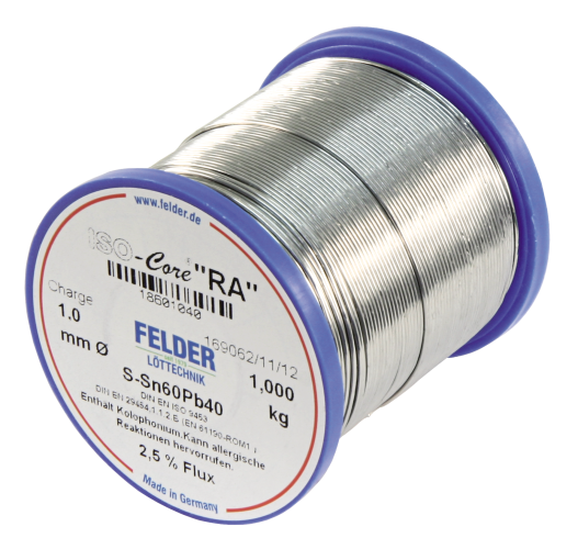 Lötzinn auf Rolle FELDER ISO-Core RA, 1,0mm, 1.000g, bleihaltig (60%Sn 40%Pb)
