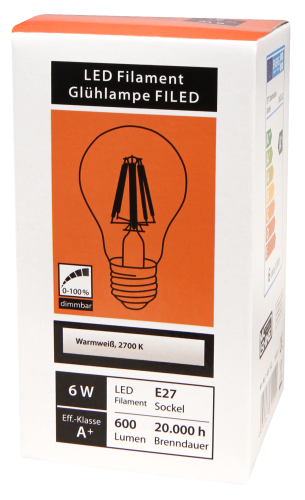 LED Filament Glühlampe McShine Filed, E27, 6W, 600 lm, warmweiß, dimmbar, klar
