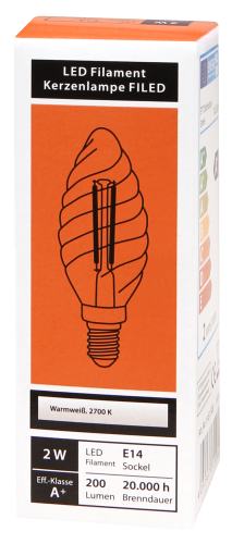 LED Filament Kerzenlampe gedreht McShine Filed, E14, 2W, 200 lm, warmweiß, klar
