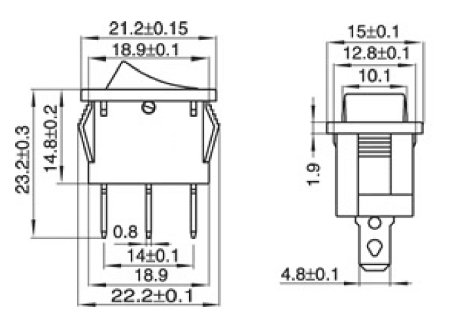 Mini-Wippenschalter McPower, 3-polig, rote Wippe, 250V/6,5A, Stellungen: EIN/AUS
