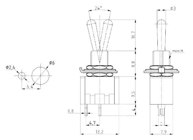 Miniatur-Kippschalter McPower, 250V/3A, 6-polig, 2 Stellungen: EIN / EIN
